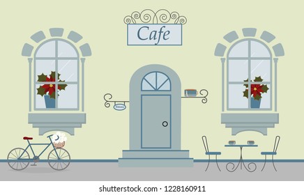 Pretty scenery in a rustic style. A cafe, two windows, door, stairs, red flowers. A bike with basket of daisies. A cute table and chairs. Raster illustration