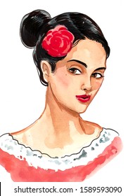 Pretty Spanish Woman. Ink And Watercolor Illustration