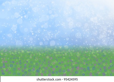 Pretty Spring Background with Blue Sparkly Sky Meadow Grass and Flowers