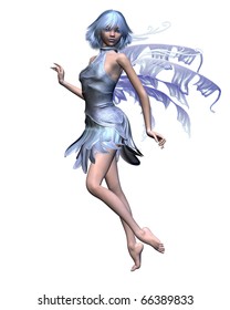 Pretty Winter Fairy With Icy Blue Wings And Hair Dancing, 3d Digitally Rendered Illustration