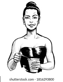 Pretty Woman Eating Yogurt. Ink Black And White Drawing