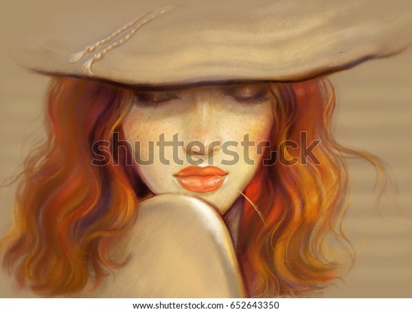 帽子をかぶった綺麗な女性 ファッションイラスト パステル画 のイラスト素材