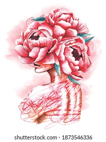 Pretty young girl with peonies in hair. Hand drawn watercolor fashion illustration in pink color. Fantasy, Beauty, fashion.