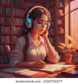  Pretty young woman working with headphones.Chill, lofi, relaxing musicBeautiful work environment. Study beats.Cute girl studying and listening to music. - Powered by Shutterstock