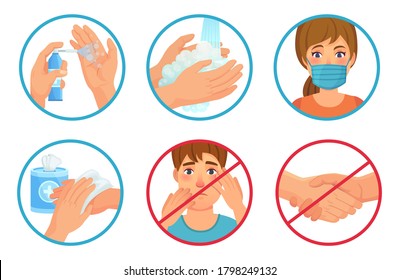 Prevention Of Coronavirus Infection. Use Face Mask, Sanitizer And Wash Your Hands. Dont Touch Face And No Handshakes, Prevent SARS-CoV-2  Illustration Set. Wash Hand, Regulation No Touch Face