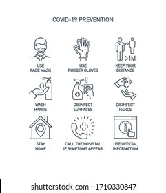 Prevention Line Icons Set Isolated On White. Outline Symbols Coronavirus Covid 19 Pandemic Banner. Quality Design Elements Mask, Gloves, Distance, Wash Disinfect Hands, Stay Home With Editable Stroke