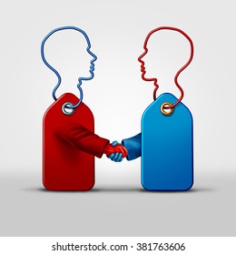 Price Fixing Business Agreement And Collusion Concept As Two Price Tag Objects Shaped As A Human As A Symbol For Secret Pricing Deal With A Handshake As A Metaphor For Market Deceptive Practices.