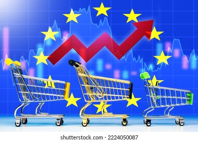 Price Growth Chart. European Flag. Trolleys From Supermarket. Growth Arrow In Front Of Flag Of Europe. Increasing Cost Of Products In European Alliance. EU Economy Infographic. 3d Rendering.