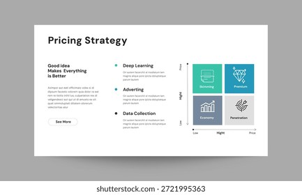 Pricing strategy slide presentation template with modern clean and professional design. Perfect for presenting product or service pricing, cost strategies, competitive pricing analysis, and revenue models in corporate presentations and pitch decks. 