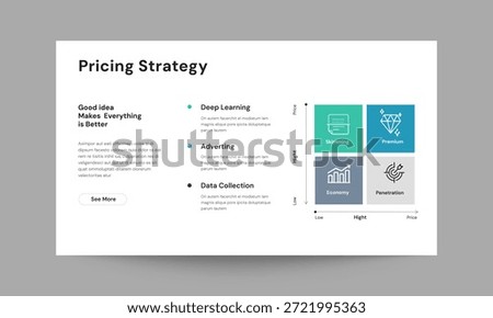 Pricing strategy slide presentation template with modern clean and professional design. Perfect for presenting product or service pricing, cost strategies, competitive pricing analysis, and revenue models in corporate presentations and pitch decks. 