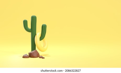 A Prickly Pear Cactus With Life Buoy Torus on Yellow Background Low Poly 3d Illustration. Summer Themed Design	
