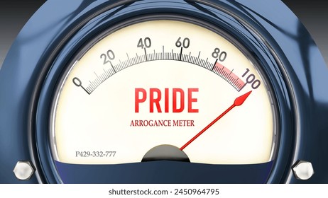Pride and Arrogance Meter that is hitting a full scale, showing a very high level of pride, overload of it, too much of it. Maximum value, off the charts.  ,3d illustration