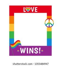 Pride frame. LGBT symbols. Love wins, heart, flag in rainbow colors. Gay, lesbian parade signl. Good for selfie. Homosexual icon and logo.