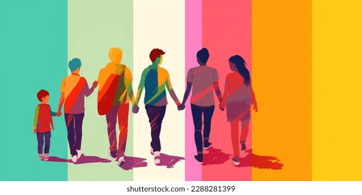 Pride. An illustration of a friendly LGBT family - dads, moms, and kids walking down the street side by side in a row, holding hands. - Powered by Shutterstock