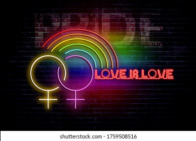 Pride month illustration with colored neon female symbols and neon text "love is love". Brick wall on background with text "pride" on it. Rainbow light and neon