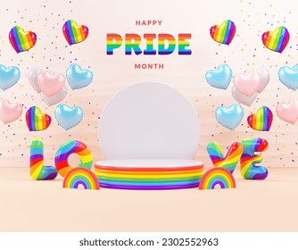 PRIDE month podium background with heart balloons, rainbows and festive stuff for product display and LGBTQIA+ celebration in 3D illustration
