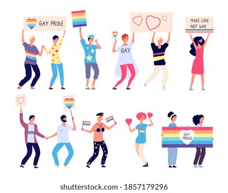 Pride Parade. Lgbt People With Rainbow Flags, Gays And Lesbians Walking On Demonstration. Lgbt Rights Festival Concept