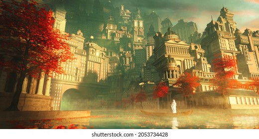 Priest Sailing On A Boat To The Ancient City Of Church In Beautiful Sunlight With Red Trees And Leaves, Foreground Out Of Focus - Concept Art - 3D Rendering