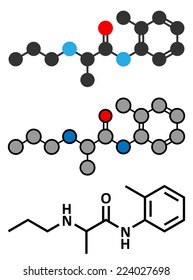 Prilocaine Local Anesthetic Drug Molecule. Stylized 2D Rendering And Conventional Skeletal Formula.