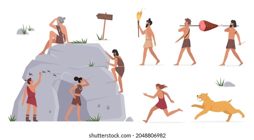 Primal Tribe People Illustration Set. Cartoon Primitive Caveman Character Standing With Cave And Painting, Tribesman Warriors Carry Meat From Hunt, Running Away From Tiger Isolated On White