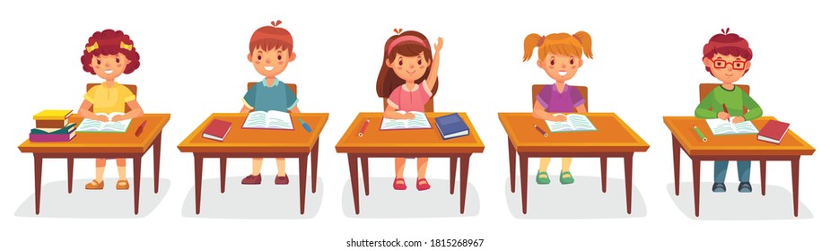 Primary school pupils sit at desk. Elementary education, children writing in copybook, raising hand to answer. Kids getting knowledge on lesson in class. Learning process  illustration - Powered by Shutterstock