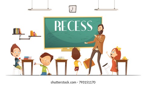 Primary School Teacher Announcing Lunch And Recess Break Time For Children To Eat Retro Cartoon  Illustration 