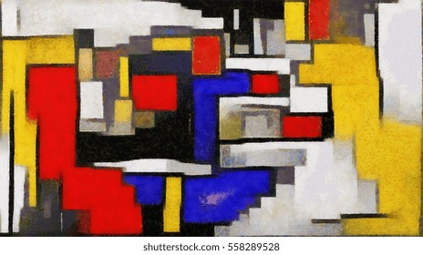 Primitive Cubism. The Minimalist Story In Vivid Colours. Modern Pop Art Made In Oil On Canvas In The Style Of Piet Mondrian. Suitable For The Concept Of Interior Design Or Wall Poster.