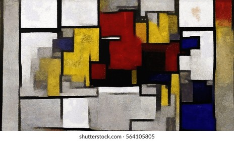 Primitive Cubism. The Minimalist Story In Vivid Colours. Modern Pop Art Made In Oil On Canvas In The Style Of Piet Mondrian. Suitable For The Concept Of Interior Design Or Wall Poster.