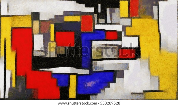 Primitive cubism. The minimalist story in vivid colours. Modern pop art Made in oil on canvas in the style of Piet Mondrian. Suitable for the concept of interior design or wall poster.