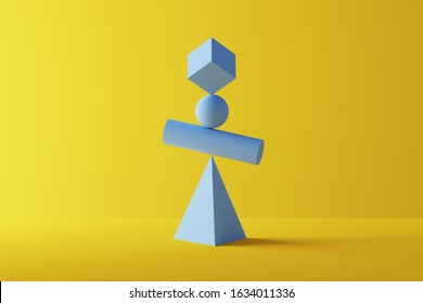 Primitive Geometric Shapes In Perfect Balance Over Yellow Background - 3D Rendering