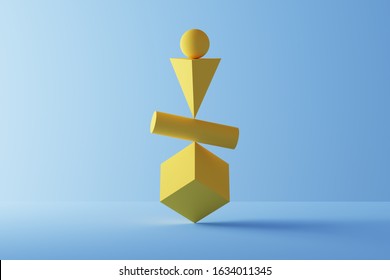 Primitive Geometric Shapes In Perfect Balance Over Blue Background - 3D Rendering