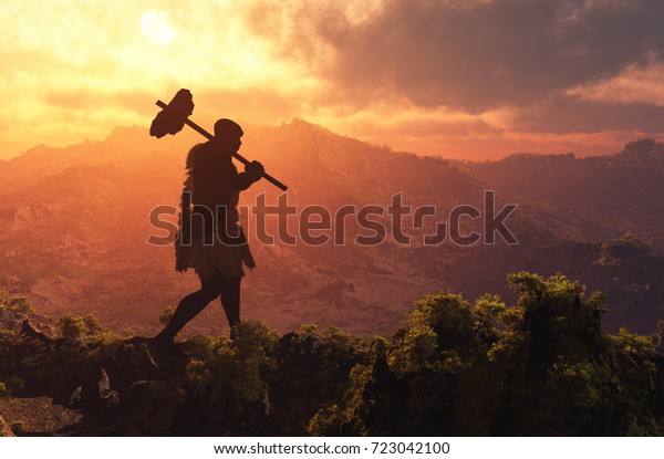 Primitive man walking on the grasson background of\
sky.,3d render