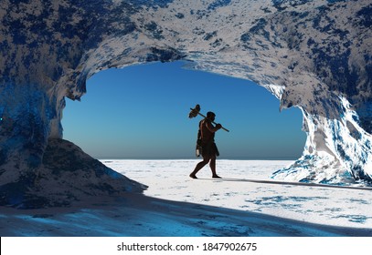 Primitive man walks through the winter landscape . 3d render