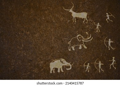 Primitive People Hunt Mammoth Rock Paintings Illustration. Primitive Bow And Spear Hunters Attack Ancient. Cave Painting