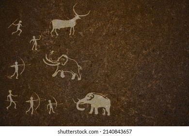 Primitive People Hunt Mammoth Rock Paintings Illustration. Primitive Bow And Spear Hunters Attack Ancient. Cave Painting