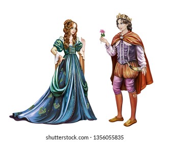 A Prince Is In Love With A Princess, A Young Man Gives A Rose To A Girl, Heroes Of A Medieval Romantic Legend, A Fairy Tale With A Happy Ending, Isolated Characters On A White Background