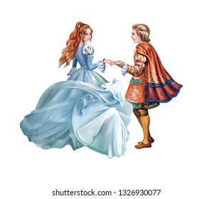 Prince And Princess, Happy End Of A Fairy Tale, Fluttering Dress, Isolated Characters On A White Background