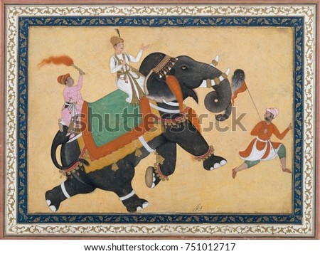 PRINCE RIDING AN ELEPHANT, by Khem Karan, 16th-17th c., Indian, Mughal watercolor painting. Elephants were prized and often the subject of Mughal artworks. The artist worked in the court of Akbar the