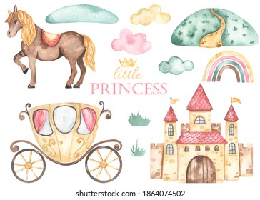 Princess Castle, Carriage, Horse, Hill, Clouds, Rainbow. Watercolor Hand Drawn Clipart