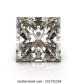 Princess cut diamond on white. Diamonds jewel.  High quality 3d render with HDRI lighting and ray traced textures.