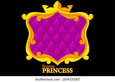 Princess Gold Frame With Geometric Upholstery, Cartoon Square Avatars For Graphic Design. Cute Royal Purple Soft Fabric Templates For Games.  