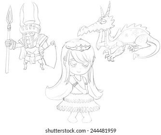 Princess  Knight  Dragon    Character Design for children    Line Art