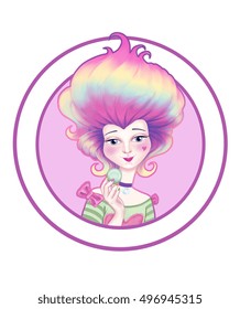 Princess Portrait In Circle Frame - Stylized Lady Marie Antoinette With Rainbow Hair Holding Macaroon Cake, With Rainbow Nails. Cute Colorful Illustration For Logo, Cafe, Bakery, Decor, Postcard.