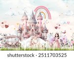 Princess Wallpaper, magical space for your children, watercolor illustration - fresco wall decor