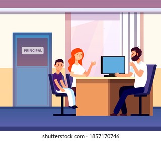 Principal Office. Mom Apprentice Teacher Meeting In School. Unhappy Parent Son Talk Angry Principal Director. Education Concept