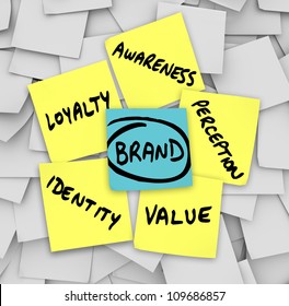 The Principicles Of Brand And Branding Written On Sticky Notes - Value, Identity, Loyalty, Awareness And Perception