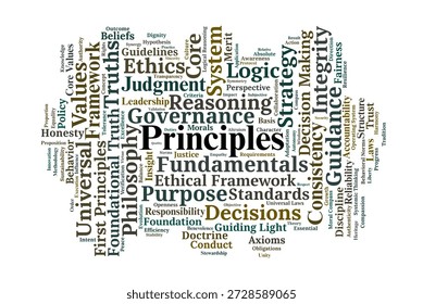 Principles Word Cloud. A Professional Visual Overview of Values, Logic, and Fundamental Laws. Explores Frameworks for Consistent Decision-Making and Ethical Conduct in Systems.