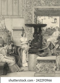 Print Based On A Lawrence Alma Tadema (1836-1912) Painting, Showing A Roman Family Of Men, Women, And Children Admiring A Sculpture On Pedestal Rotated By A Slave. 1877 Engraving By Auguste Blanchard.