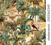 print composed of palm trees and banana trees, old neoclassical style houses, animals such as macaws  illustration