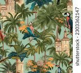 print composed of palm trees and banana trees, old neoclassical style houses, animals such as macaws  illustration